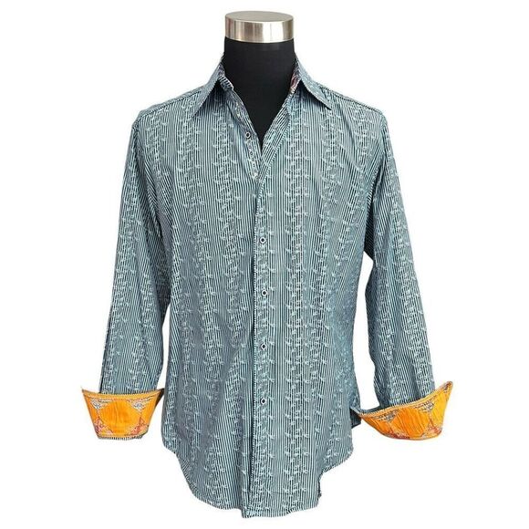 Robert Graham Blue Striped MulticolorEmbroidered Paisley Button Down Shirt Large - Picture 1 of 15